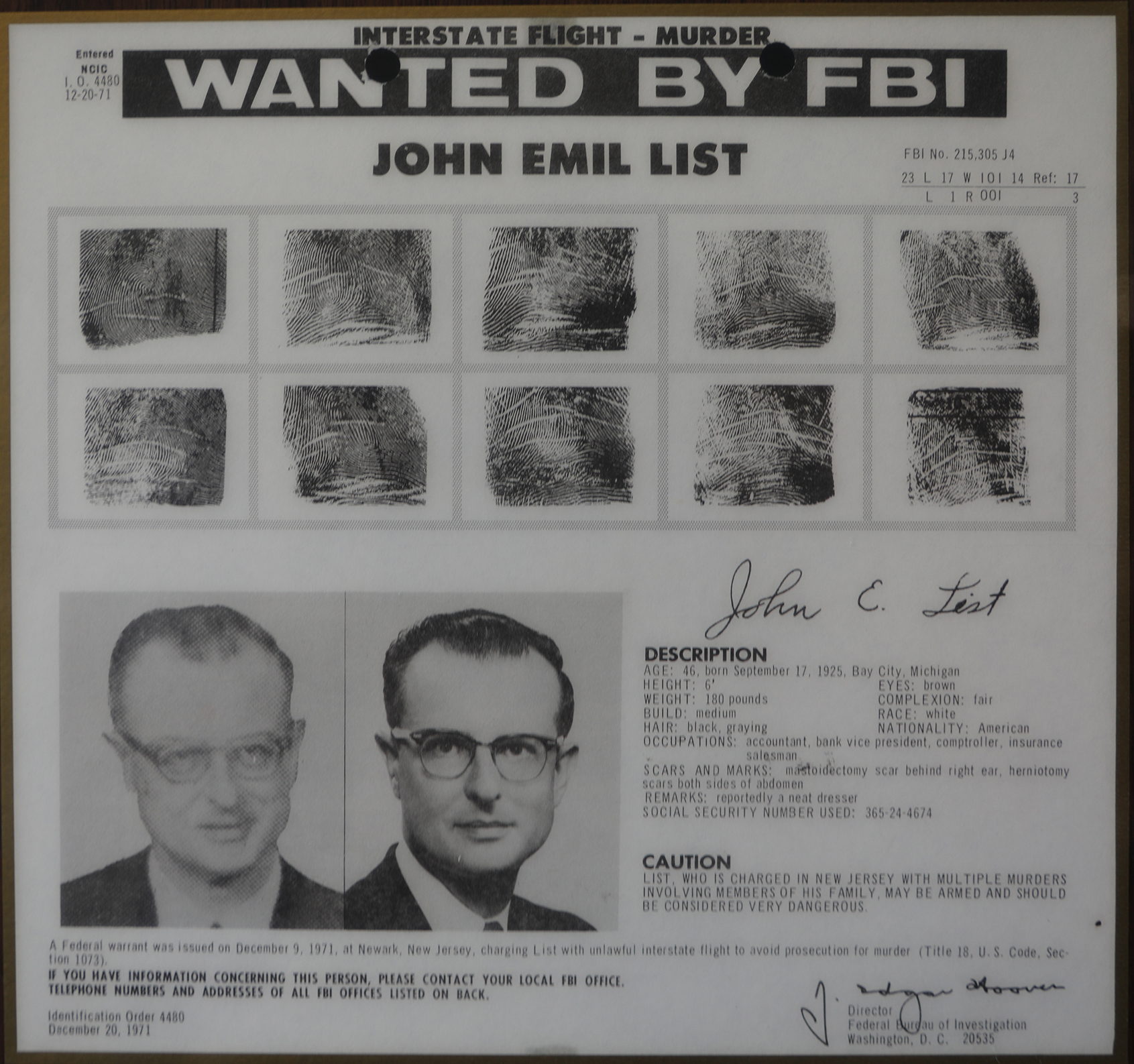 A wanted poster for John List
