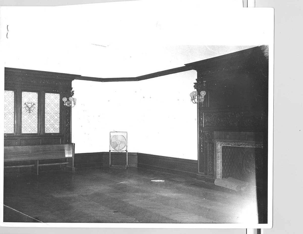 A view of the List ballroom, with the fireplace at right.