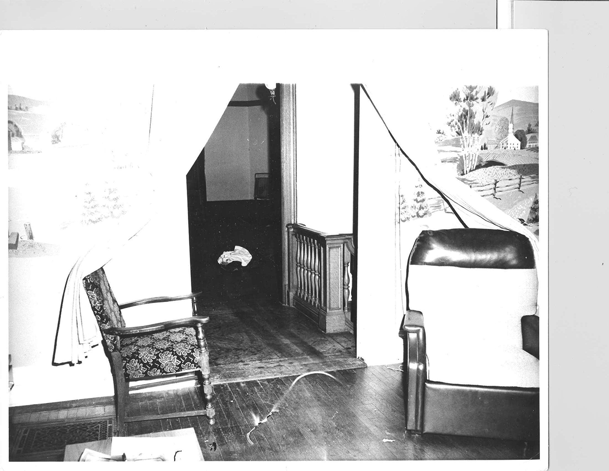 The view into the ballroom, where the bodies were left, from the living room.